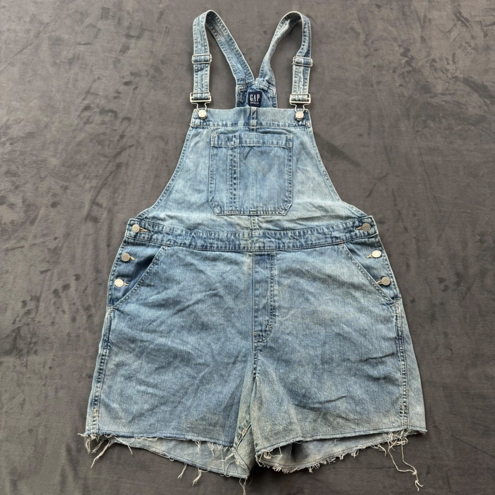 GAP Denim Shortall Overalls Light Wash Blue Distressed Raw Hem XL